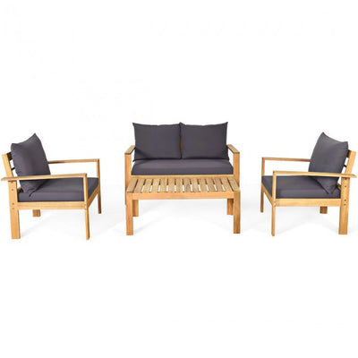 Outdoor 4 Pieces Acacia Wood Loveseat Chat Set Patio Furniture Conversation Sofa Set with Cushion and Coffee Table