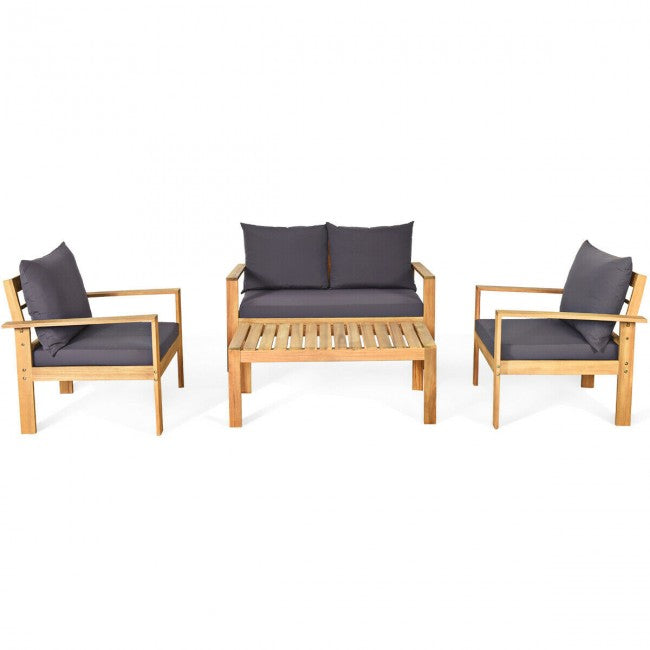 Outdoor 4 Pieces Acacia Wood Loveseat Chat Set Patio Furniture Conversation Sofa Set with Cushion and Coffee Table