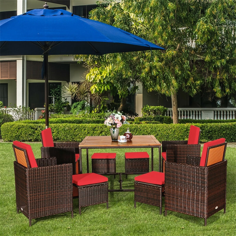 9 Pcs Outdoor Acacia Wood Patio Rattan Dining Table Set with Wicker Chairs and Umbrella Hole