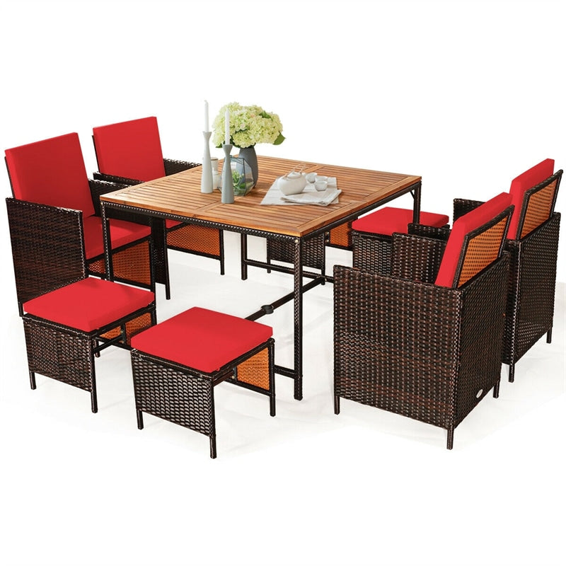 9 Pcs Outdoor Acacia Wood Patio Rattan Dining Table Set with Wicker Chairs and Umbrella Hole