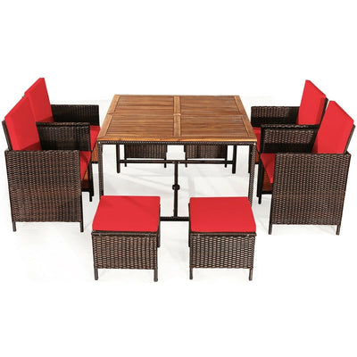 9 Pcs Outdoor Acacia Wood Patio Rattan Dining Table Set with Wicker Chairs and Umbrella Hole