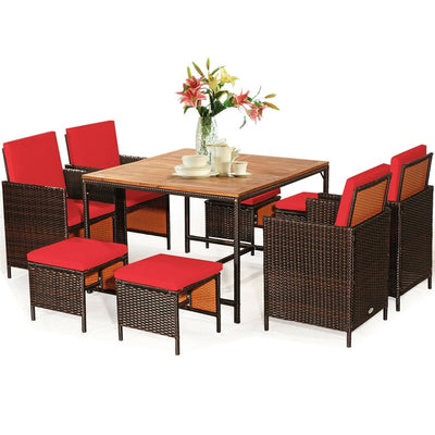 9 Pcs Outdoor Acacia Wood Patio Rattan Dining Table Set with Wicker Chairs and Umbrella Hole