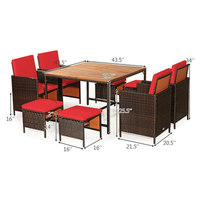 9 Pcs Outdoor Acacia Wood Patio Rattan Dining Table Set with Wicker Chairs and Umbrella Hole