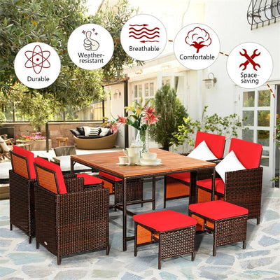 9 Pcs Outdoor Acacia Wood Patio Rattan Dining Table Set with Wicker Chairs and Umbrella Hole