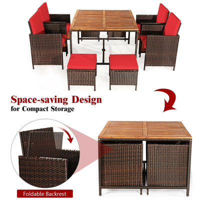 9 Pcs Outdoor Acacia Wood Patio Rattan Dining Table Set with Wicker Chairs and Umbrella Hole