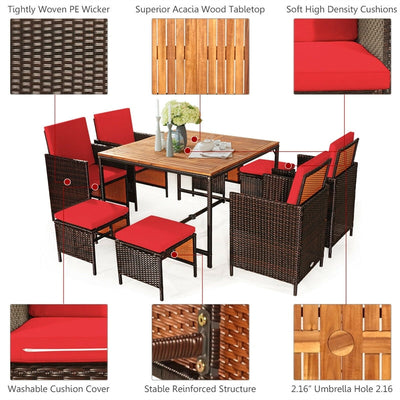 9 Pcs Outdoor Acacia Wood Patio Rattan Dining Table Set with Wicker Chairs and Umbrella Hole