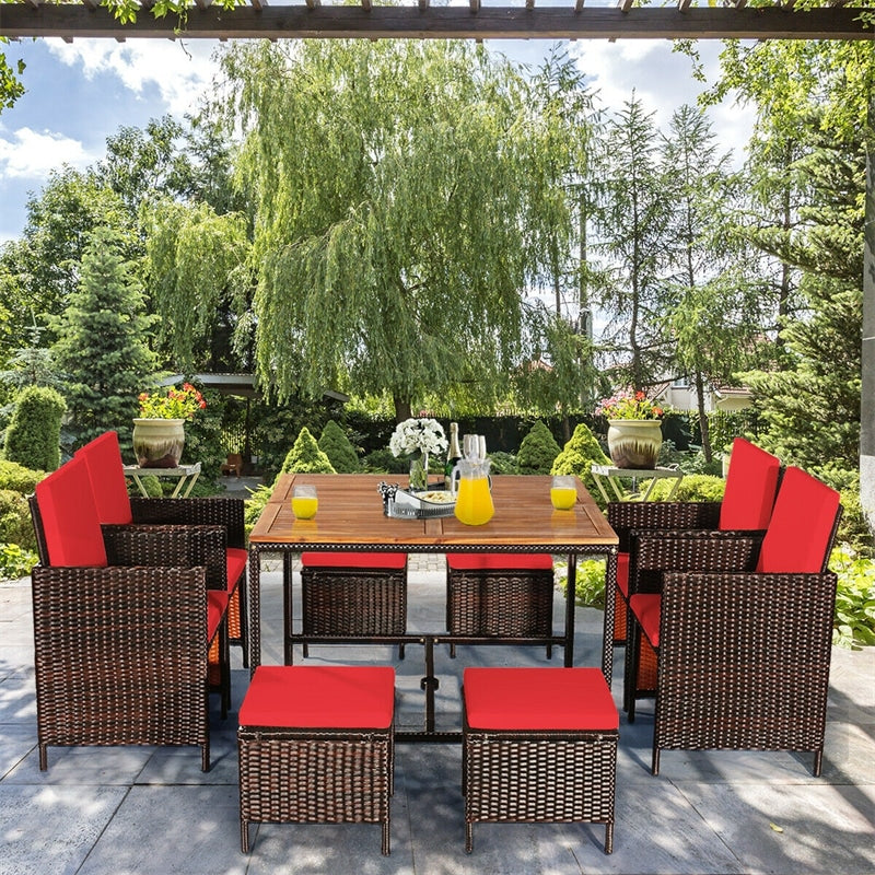 9 Pcs Outdoor Acacia Wood Patio Rattan Dining Table Set with Wicker Chairs and Umbrella Hole