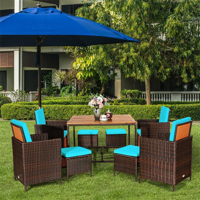 9 Pcs Outdoor Acacia Wood Patio Rattan Dining Table Set with Wicker Chairs and Umbrella Hole