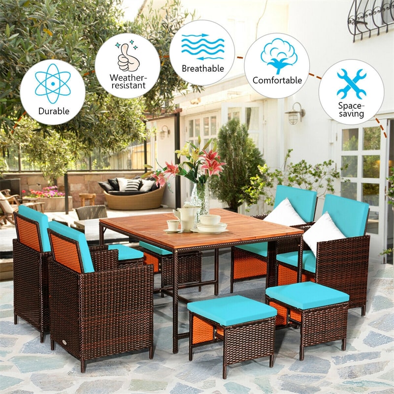 9 Pcs Outdoor Acacia Wood Patio Rattan Dining Table Set with Wicker Chairs and Umbrella Hole