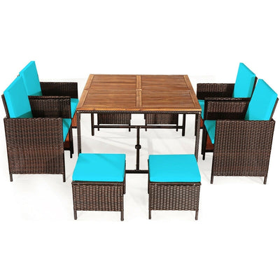 9 Pcs Outdoor Acacia Wood Patio Rattan Dining Table Set with Wicker Chairs and Umbrella Hole