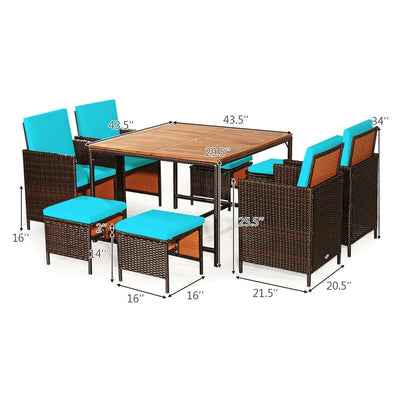 9 Pcs Outdoor Acacia Wood Patio Rattan Dining Table Set with Wicker Chairs and Umbrella Hole