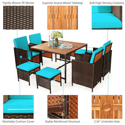 9 Pcs Outdoor Acacia Wood Patio Rattan Dining Table Set with Wicker Chairs and Umbrella Hole