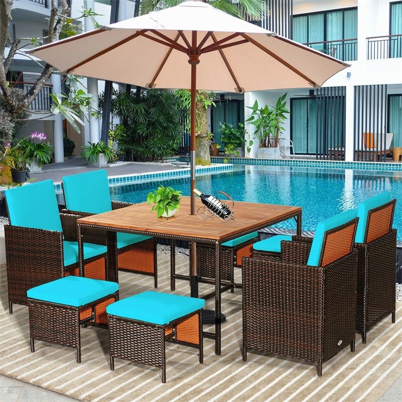 9 Pcs Outdoor Acacia Wood Patio Rattan Dining Table Set with Wicker Chairs and Umbrella Hole