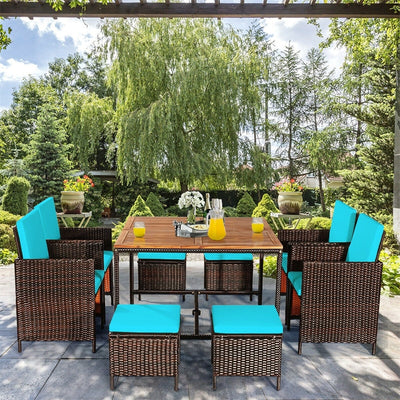 9 Pcs Outdoor Acacia Wood Patio Rattan Dining Table Set with Wicker Chairs and Umbrella Hole