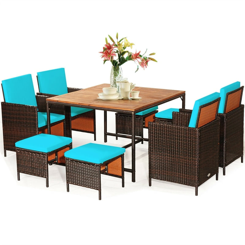 9 Pcs Outdoor Acacia Wood Patio Rattan Dining Table Set with Wicker Chairs and Umbrella Hole