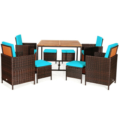 9 Pcs Outdoor Acacia Wood Patio Rattan Dining Table Set with Wicker Chairs and Umbrella Hole