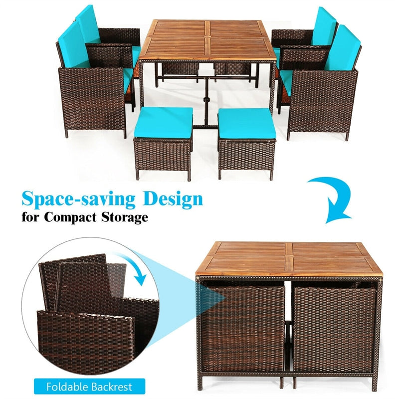 9 Pcs Outdoor Acacia Wood Patio Rattan Dining Table Set with Wicker Chairs and Umbrella Hole