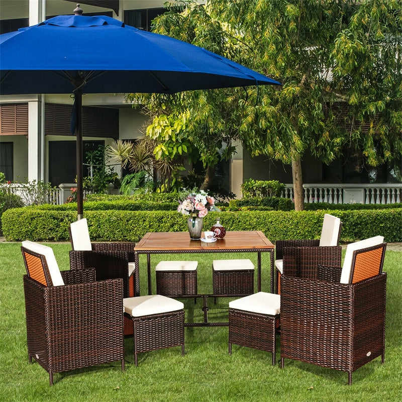 9 Pcs Outdoor Acacia Wood Patio Rattan Dining Table Set with Wicker Chairs and Umbrella Hole