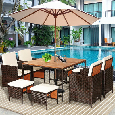 9 Pcs Outdoor Acacia Wood Patio Rattan Dining Table Set with Wicker Chairs and Umbrella Hole