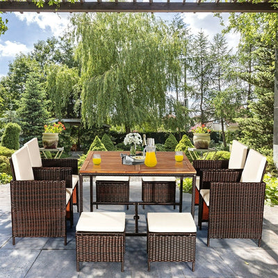 9 Pcs Outdoor Acacia Wood Patio Rattan Dining Table Set with Wicker Chairs and Umbrella Hole