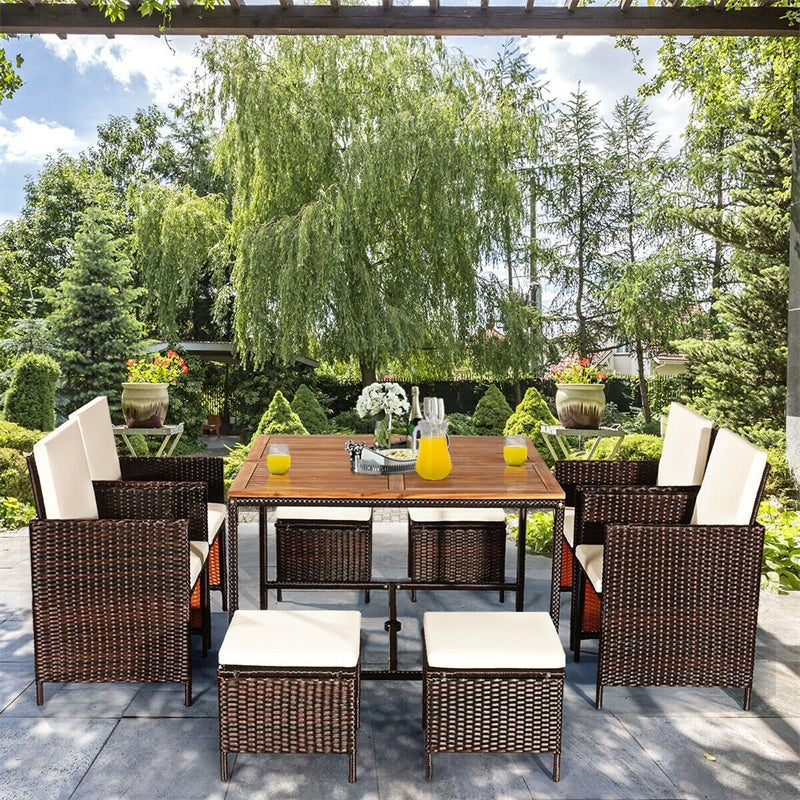 9 Pcs Outdoor Acacia Wood Patio Rattan Dining Table Set with Wicker Chairs and Umbrella Hole