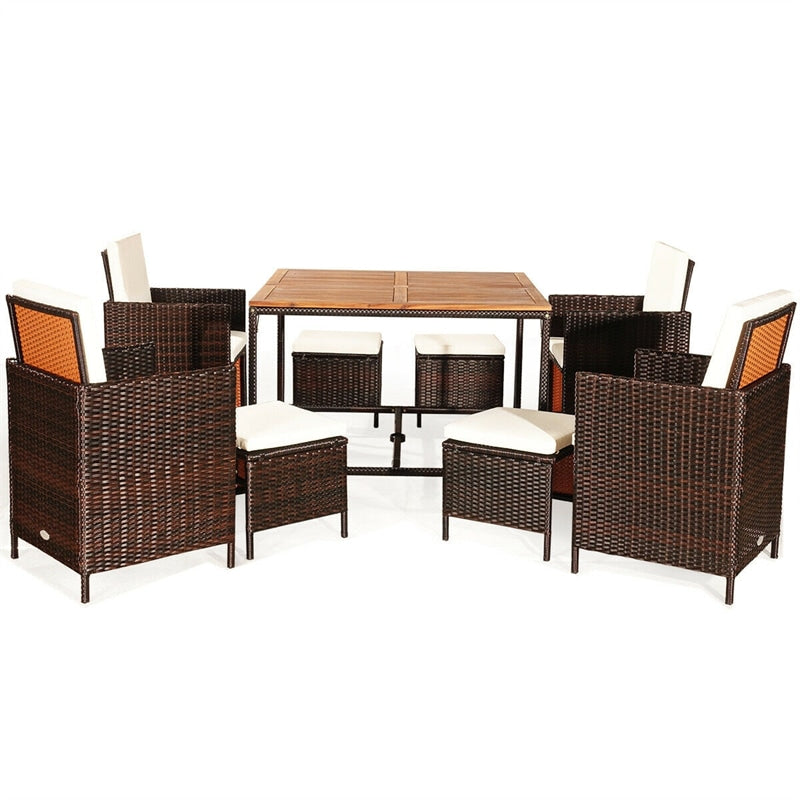 9 Pcs Outdoor Acacia Wood Patio Rattan Dining Table Set with Wicker Chairs and Umbrella Hole