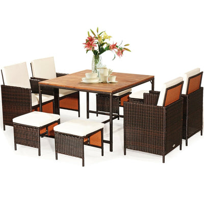 9 Pcs Outdoor Acacia Wood Patio Rattan Dining Table Set with Wicker Chairs and Umbrella Hole