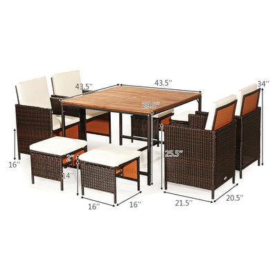 9 Pcs Outdoor Acacia Wood Patio Rattan Dining Table Set with Wicker Chairs and Umbrella Hole