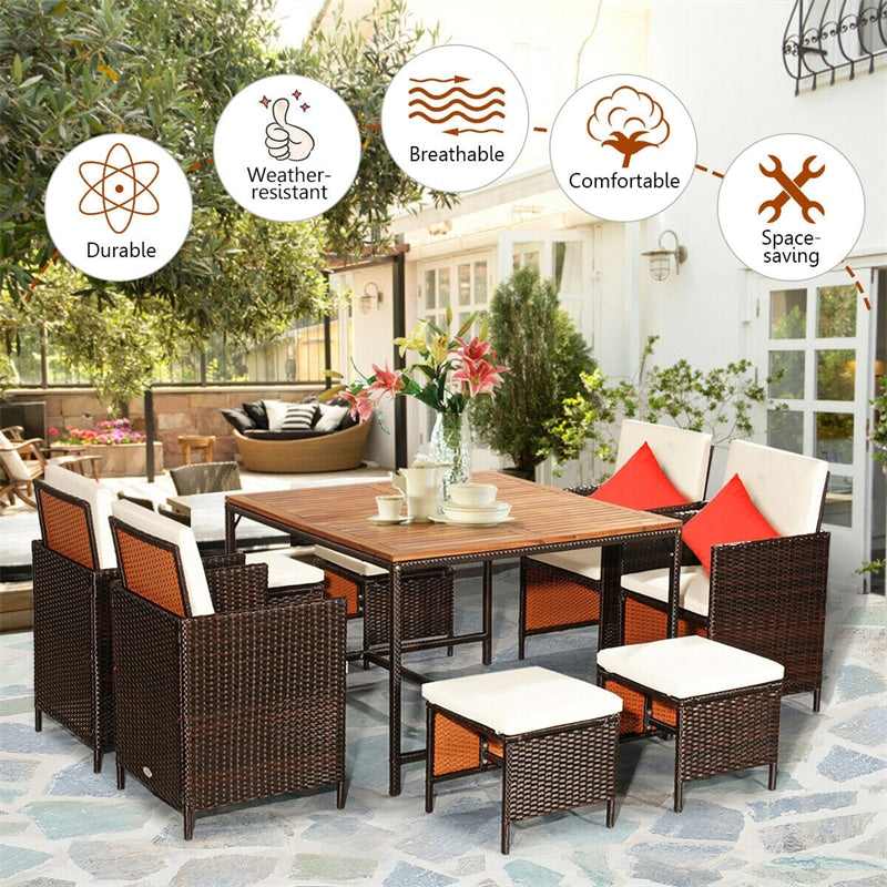 9 Pcs Outdoor Acacia Wood Patio Rattan Dining Table Set with Wicker Chairs and Umbrella Hole