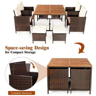 9 Pcs Outdoor Acacia Wood Patio Rattan Dining Table Set with Wicker Chairs and Umbrella Hole