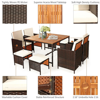 9 Pcs Outdoor Acacia Wood Patio Rattan Dining Table Set with Wicker Chairs and Umbrella Hole