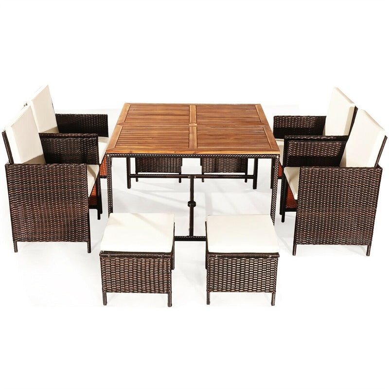 9 Pcs Outdoor Acacia Wood Patio Rattan Dining Table Set with Wicker Chairs and Umbrella Hole