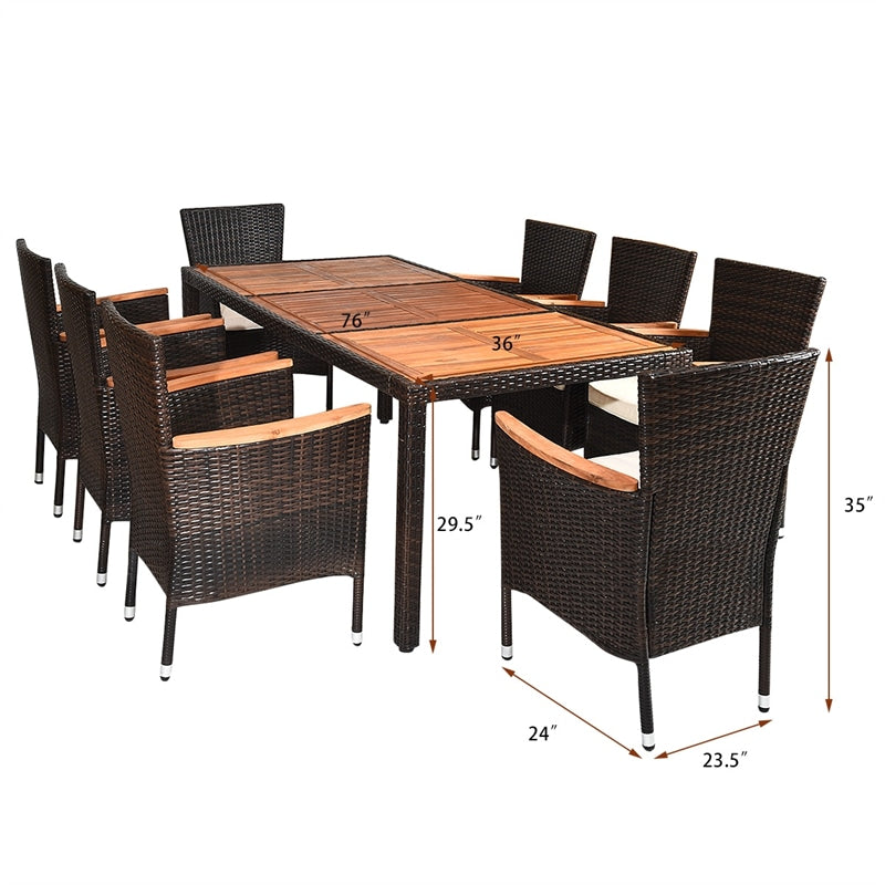 9 Pieces Outdoor Rattan Dining Table Set Patio Wicker Furniture Set with Acacia Wood Table and Stackable Armrest Chairs