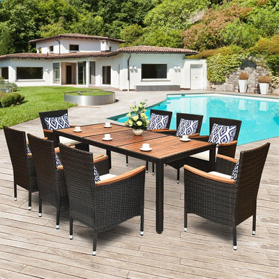 9 Pieces Outdoor Rattan Dining Table Set Patio Wicker Furniture Set with Acacia Wood Table and Stackable Armrest Chairs