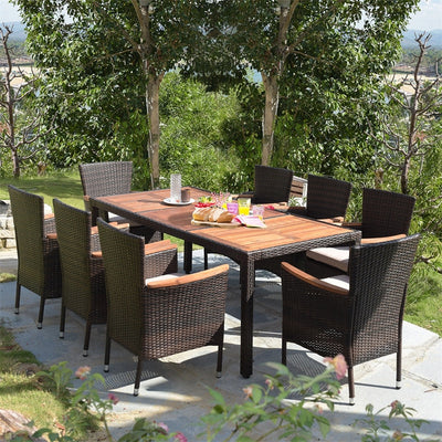 9 Pieces Outdoor Rattan Dining Table Set Patio Wicker Furniture Set with Acacia Wood Table and Stackable Armrest Chairs