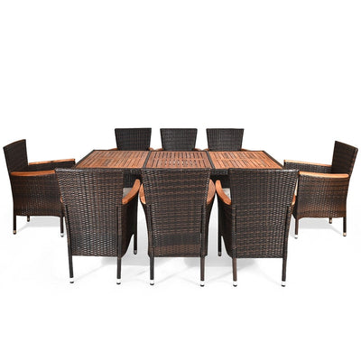 9 Pieces Outdoor Rattan Dining Table Set Patio Wicker Furniture Set with Acacia Wood Table and Stackable Armrest Chairs