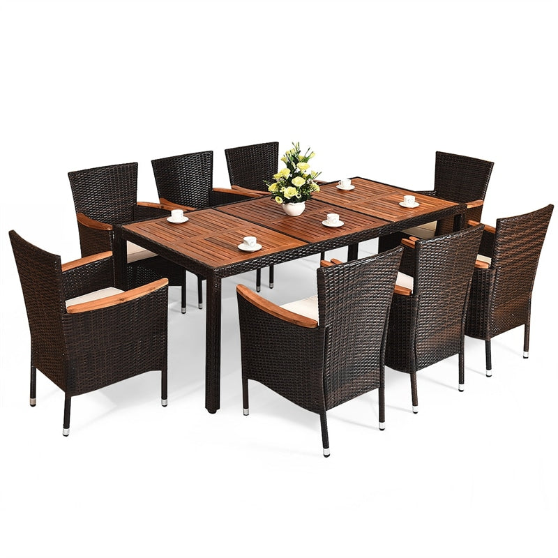 9 Pieces Outdoor Rattan Dining Table Set Patio Wicker Furniture Set with Acacia Wood Table and Stackable Armrest Chairs