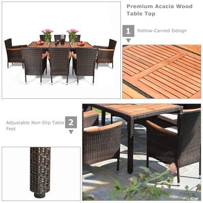 9 Pieces Outdoor Rattan Dining Table Set Patio Wicker Furniture Set with Acacia Wood Table and Stackable Armrest Chairs