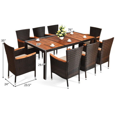 9 Pieces Outdoor Wicker Dining Table Set Patio Rattan Dining Set with Acacia Wood Table and Stackable Armrest Chairs