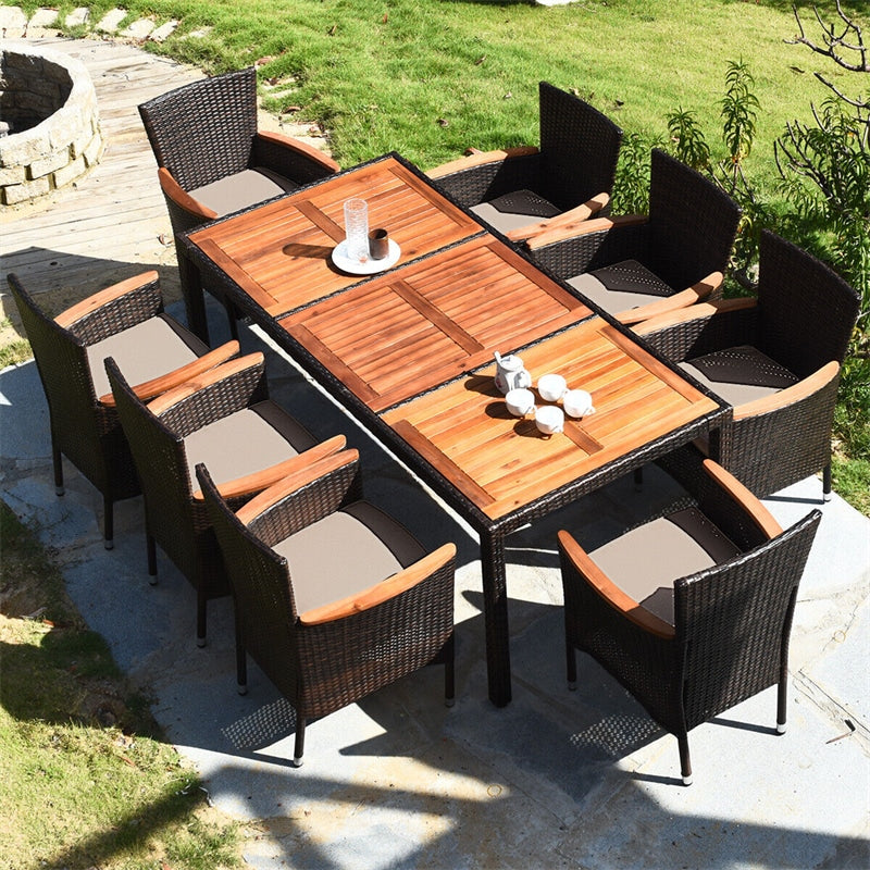 9 Pieces Outdoor Wicker Dining Table Set Patio Rattan Dining Set with Acacia Wood Table and Stackable Armrest Chairs