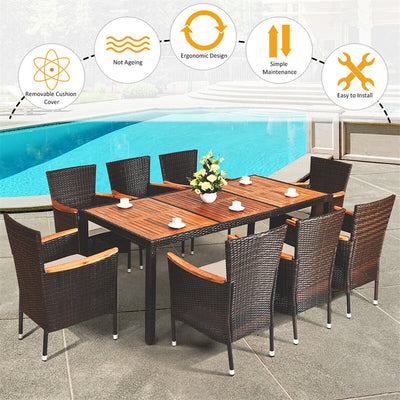 9 Pieces Outdoor Wicker Dining Table Set Patio Rattan Dining Set with Acacia Wood Table and Stackable Armrest Chairs