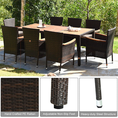 9 Pieces Outdoor Wicker Dining Table Set Patio Rattan Dining Set with Acacia Wood Table and Stackable Armrest Chairs