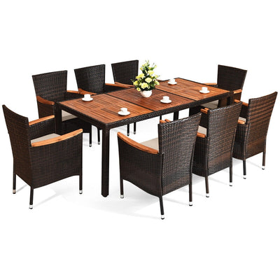 9 Pieces Outdoor Wicker Dining Table Set Patio Rattan Dining Set with Acacia Wood Table and Stackable Armrest Chairs