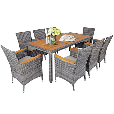 9 Pieces Patio Rattan Dining Set Outdoor Wicker Furniture Set with Acacia Wood Table & Cushioned Chairs