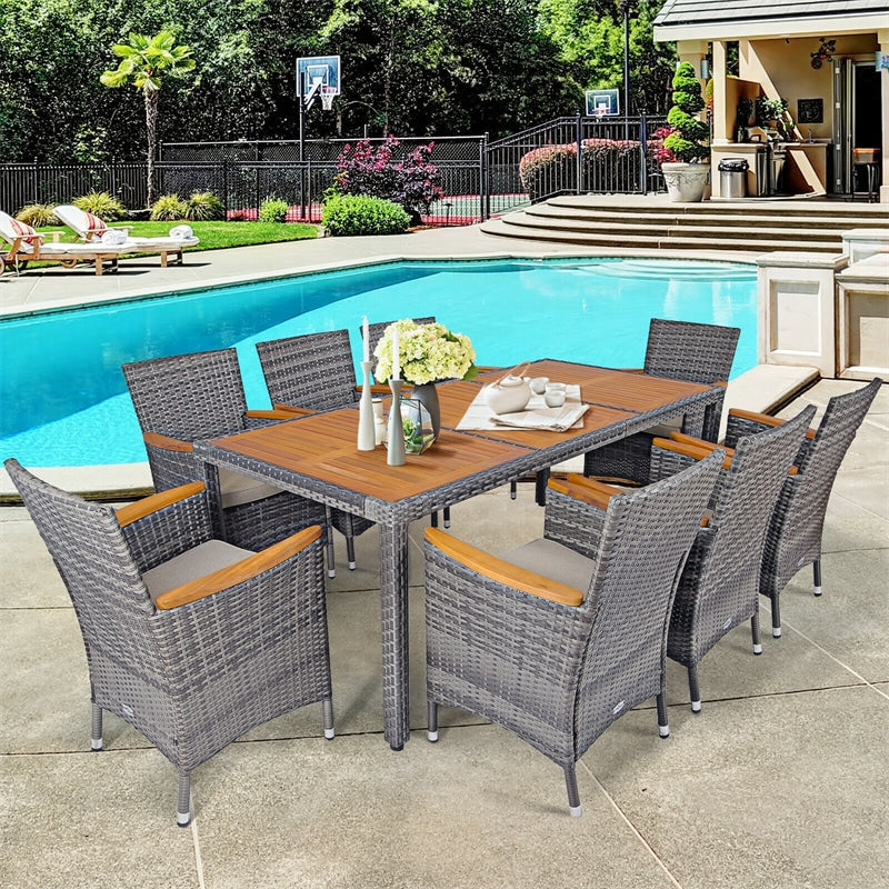 9 Pieces Patio Rattan Dining Set Outdoor Wicker Furniture Set with Acacia Wood Table & Cushioned Chairs