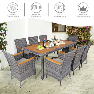 9 Pieces Outdoor Rattan Dining Set Patio Furniture Set with Cushioned Chairs and Table