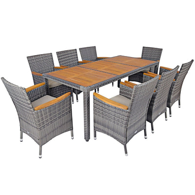 9 Pieces Patio Rattan Dining Set Outdoor Wicker Furniture Set with Acacia Wood Table & Cushioned Chairs