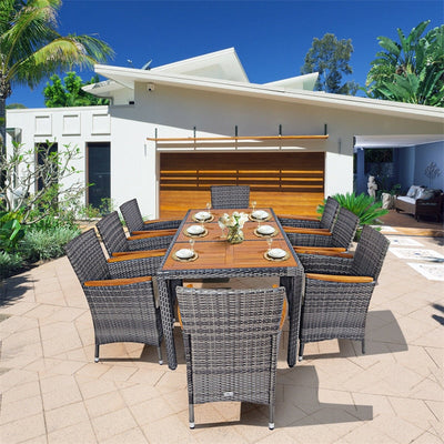 9 Pieces Patio Rattan Dining Set Outdoor Wicker Furniture Set with Acacia Wood Table & Cushioned Chairs