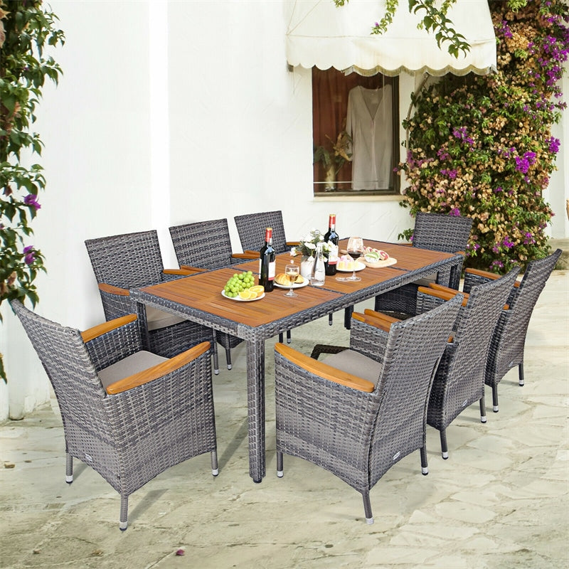 9 Pieces Patio Rattan Dining Set Outdoor Wicker Furniture Set with Acacia Wood Table & Cushioned Chairs