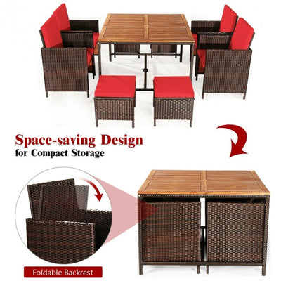 9 Pieces Outdoor Patio Acacia Wood Space Saving Dining Table Set Furniture Set with Cushion